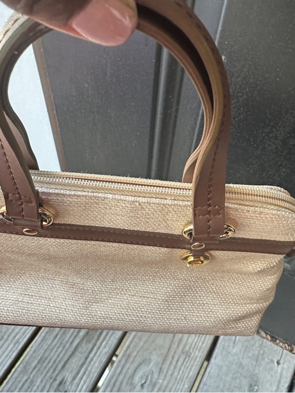 Stylish Vintage Etienne Aigner Neutral Beige Canvas purse/ bag with Brown Trim